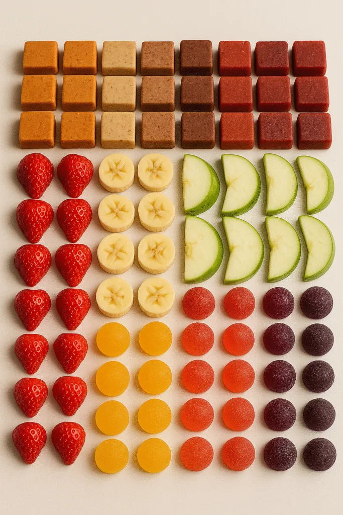 A close-up of individually wrapped protein gummy candies and other high protein snacks
